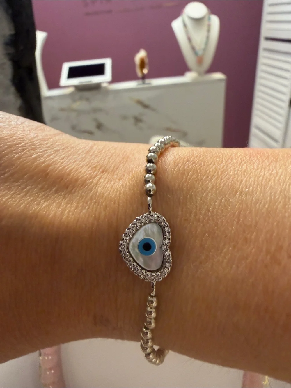 Sterling Silver Evil Eye Bead Bracelet - Blue and White protection